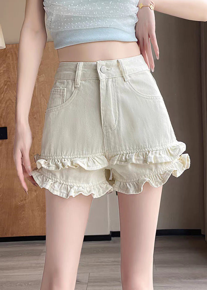 Ruffled White Summer Pockets Shorts Denim New