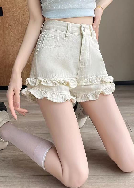 Ruffled White Summer Pockets Shorts Denim New