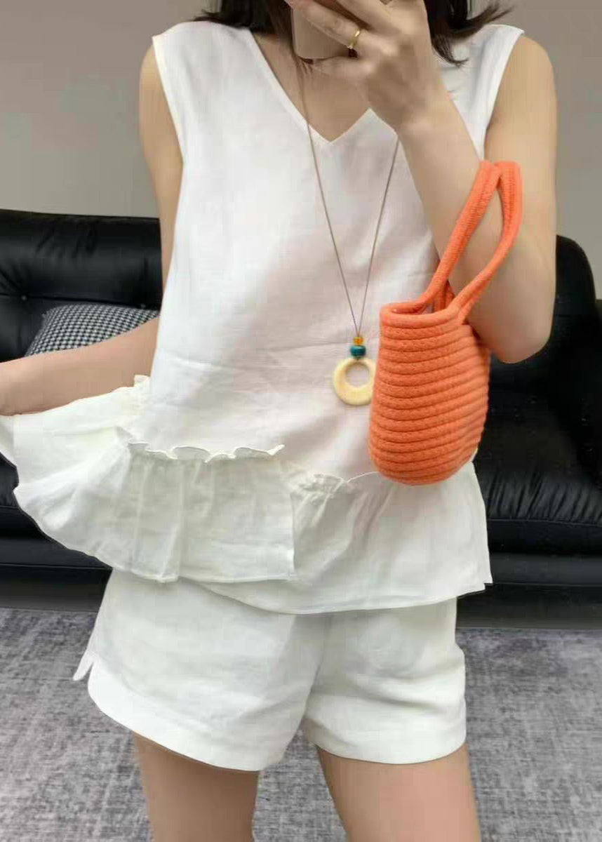 Pieces Two White Solid Ruffled Pockets Linen Set Summer New