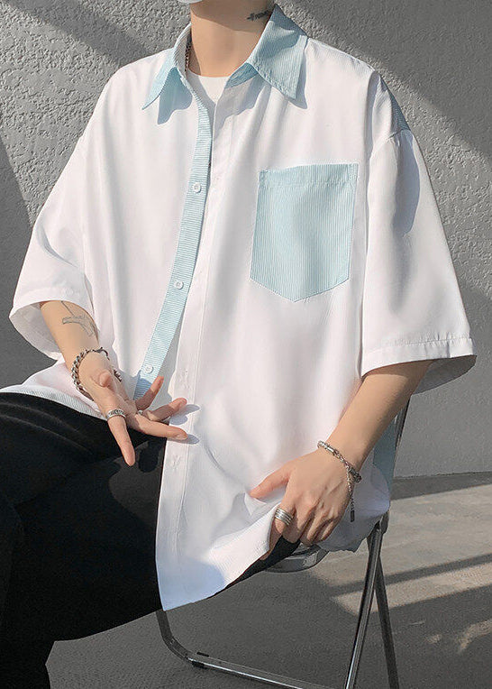 Cotton New Striped Patchwork Shirts Pockets Button Men White