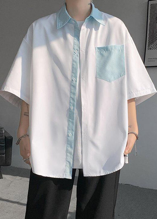 Cotton New Striped Patchwork Shirts Pockets Button Men White