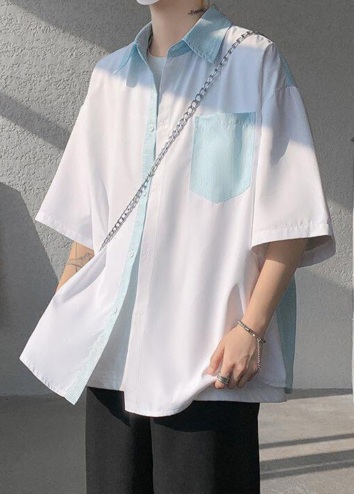Cotton New Striped Patchwork Shirts Pockets Button Men White