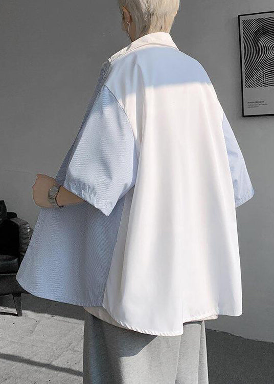 Cotton New Striped Patchwork Shirts Pockets Button Men White