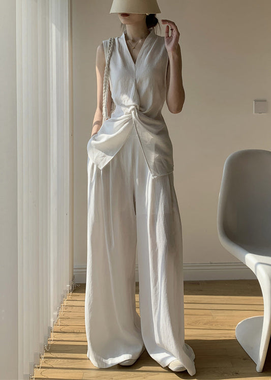 Two And Front Open Pants Tops White Wide Leg Neck New Cotton V
