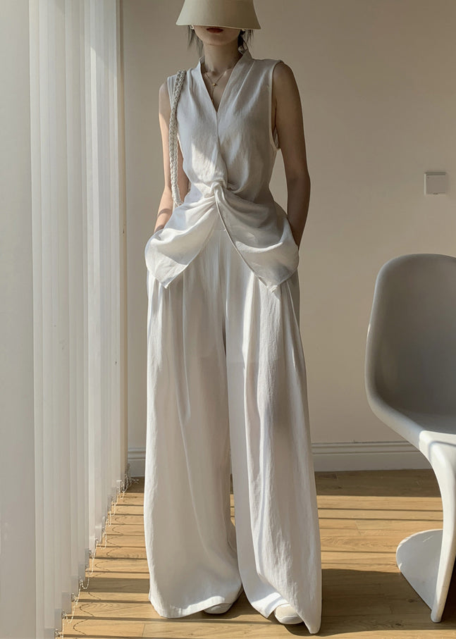 Two And Front Open Pants Tops White Wide Leg Neck New Cotton V