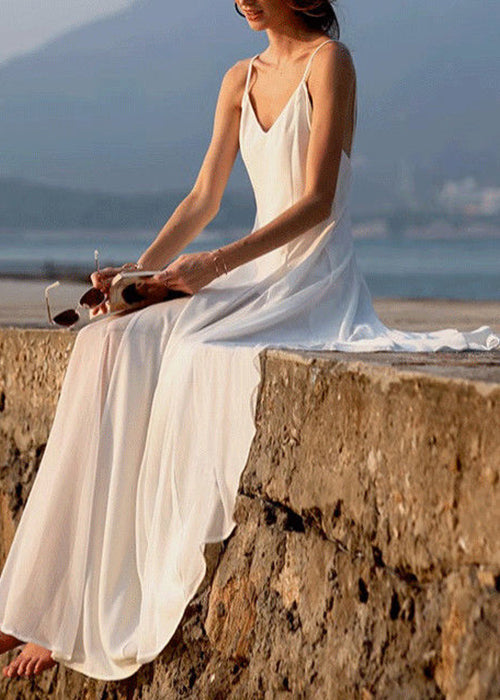 V Dress Neck Chiffon Sleeveless New White Strap Solid Spaghetti