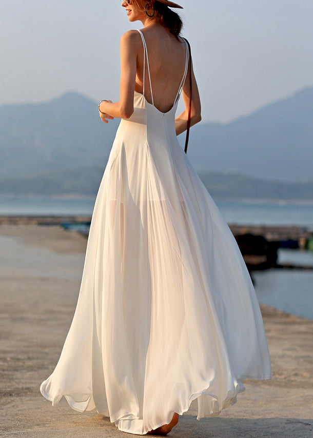 V Dress Neck Chiffon Sleeveless New White Strap Solid Spaghetti