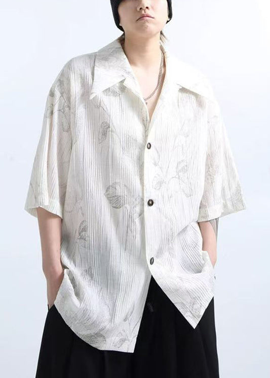 Half Sleeve White Print Mens New Wrinkled Shirts Cotton
