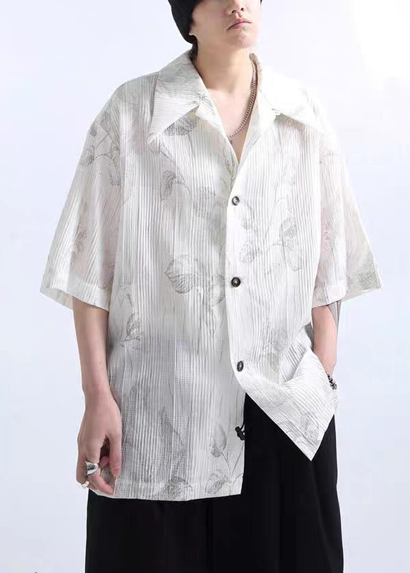 Half Sleeve White Print Mens New Wrinkled Shirts Cotton