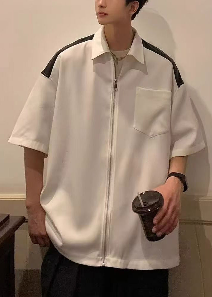 Mens Zippered New White Shirts Patchwork Half Cotton Pockets