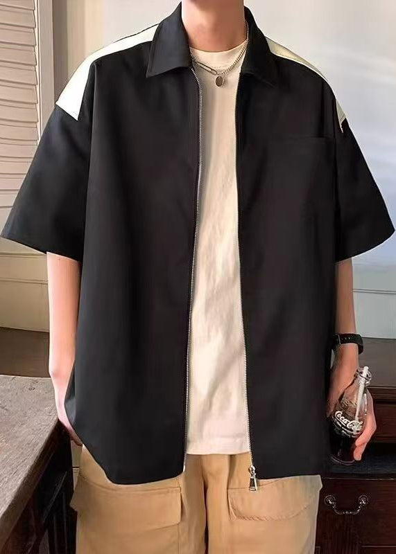 Mens Zippered New White Shirts Patchwork Half Cotton Pockets