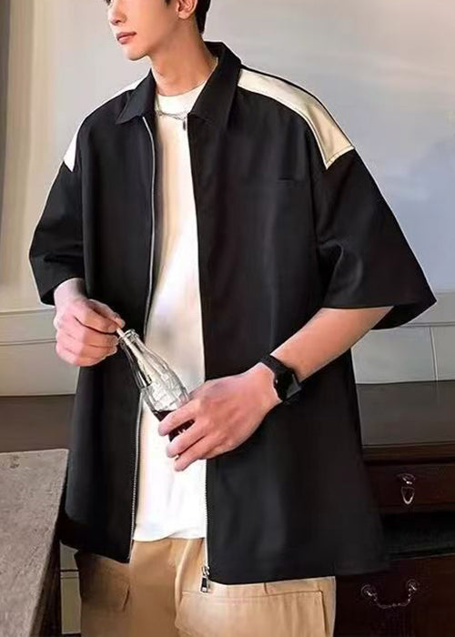 Mens Zippered New White Shirts Patchwork Half Cotton Pockets