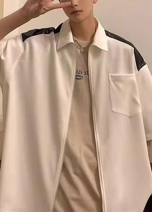 Mens Zippered New White Shirts Patchwork Half Cotton Pockets