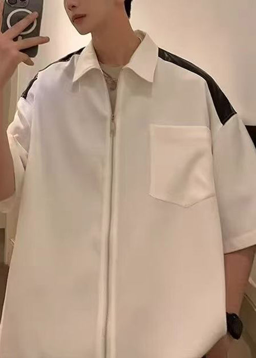 Mens Zippered New White Shirts Patchwork Half Cotton Pockets