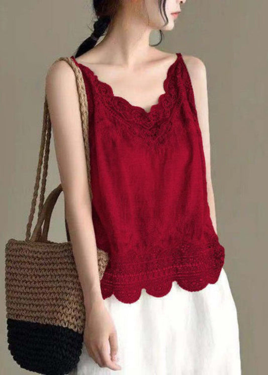 Out Red Strap Lace Tanks Wine New Spaghetti Linen Hollow