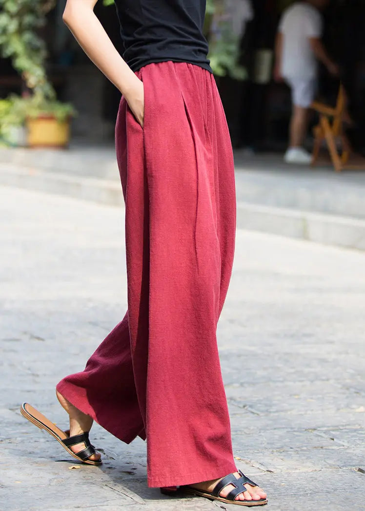 New Wine Red Pockets Elastic Waist Linen Pants Summer Ada Fashion