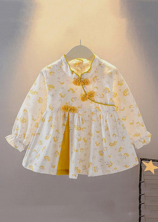 Nouvelles robes à manches longues en coton à imprimé bouton jaune pour bébé fille XZ072