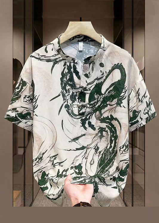 Ice Mens T Print Summer Open New Yellow Silk Button Shirt Side