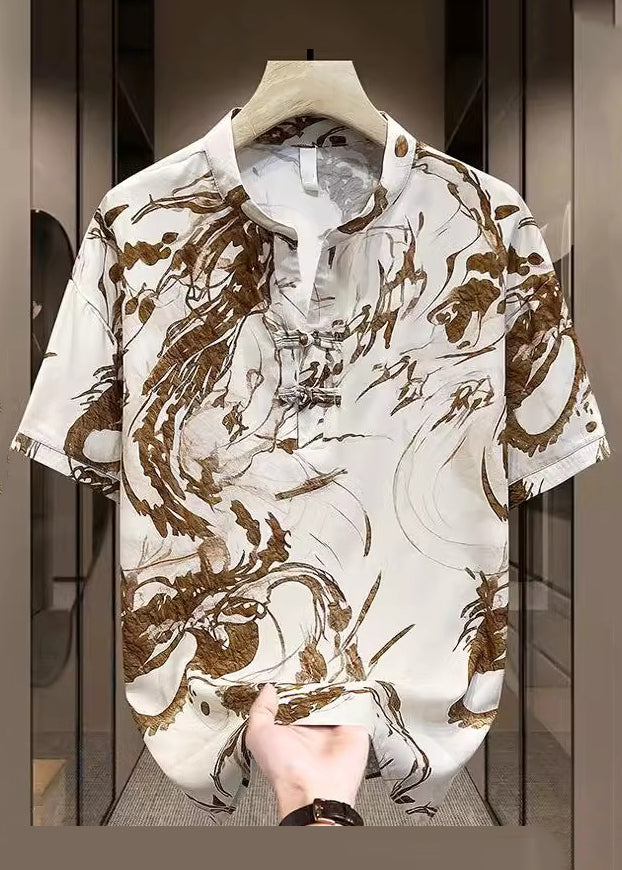 Ice Mens T Print Summer Open New Yellow Silk Button Shirt Side