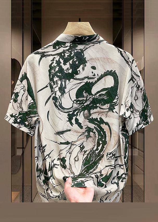 Ice Mens T Print Summer Open New Yellow Silk Button Shirt Side