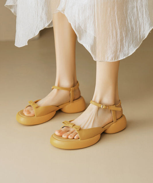 Peep New Leather Toe Sandals Yellow Bow Splicing Cowhide Platform