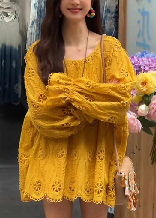 Yellow Sleeve Long Neck Out Hollow New Shirt O Top Lace