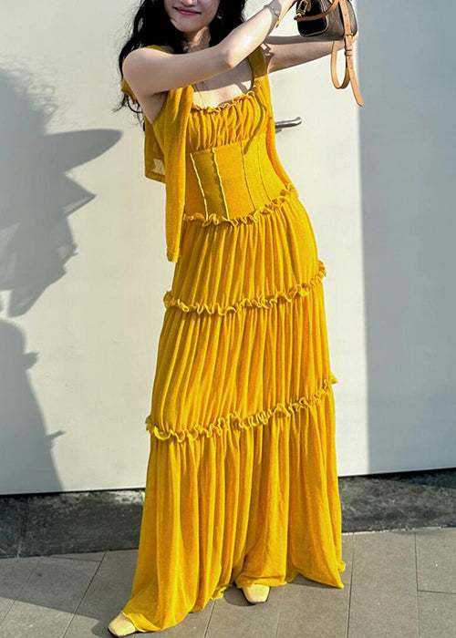 Ruffled Sleeveless Cotton Strap New Spaghetti Solid Dress Yellow