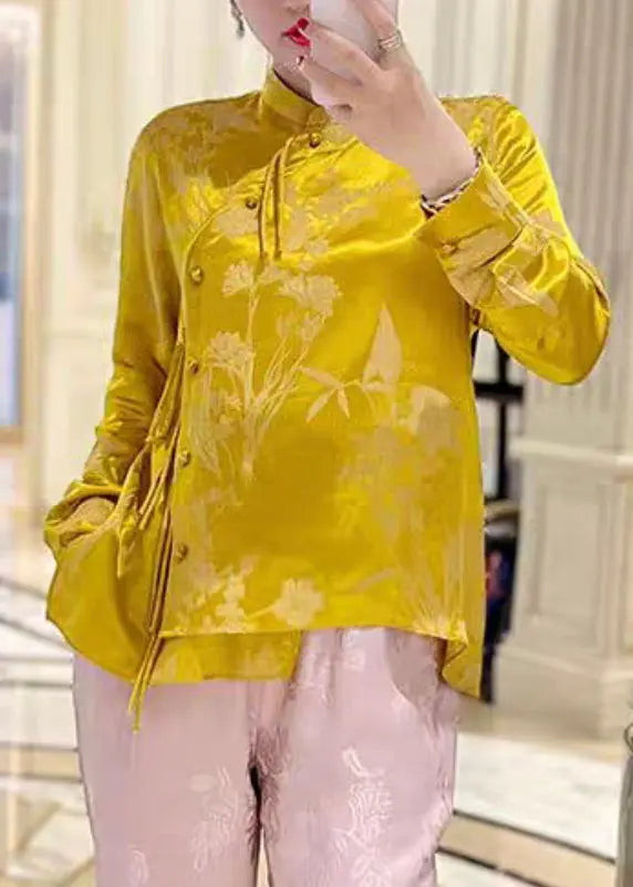 New Yellow Stand Collar Button Print Silk Shirt Long Sleeve Ada Fashion