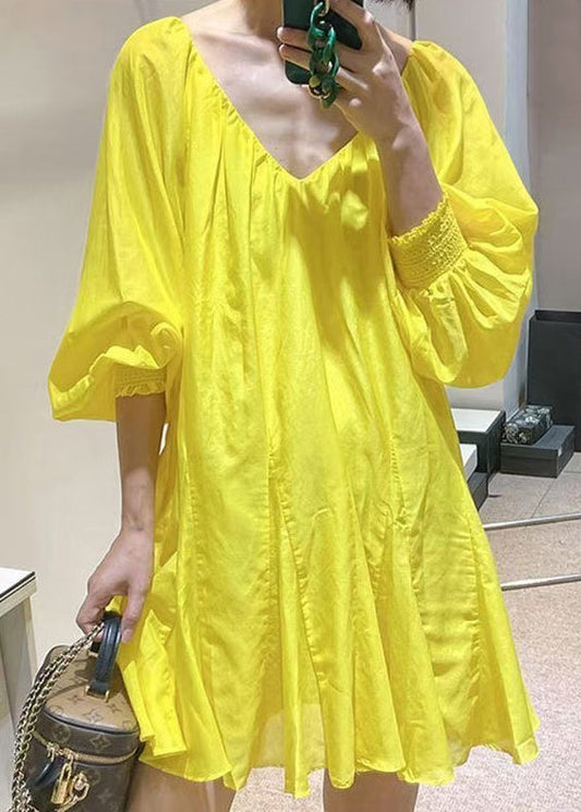 Cotton Dress New Lace Neck V Spring Yellow Solid Up Mini