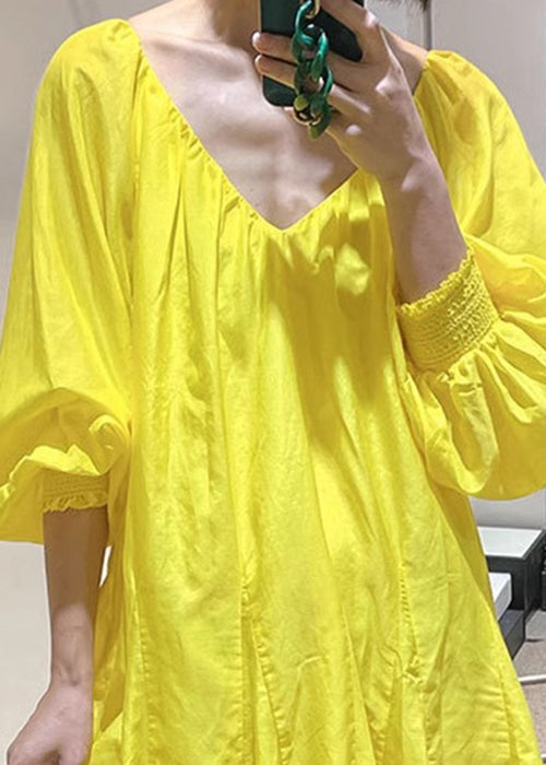 Cotton Dress New Lace Neck V Spring Yellow Solid Up Mini