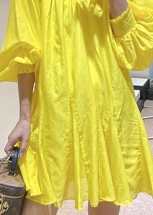 Cotton Dress New Lace Neck V Spring Yellow Solid Up Mini