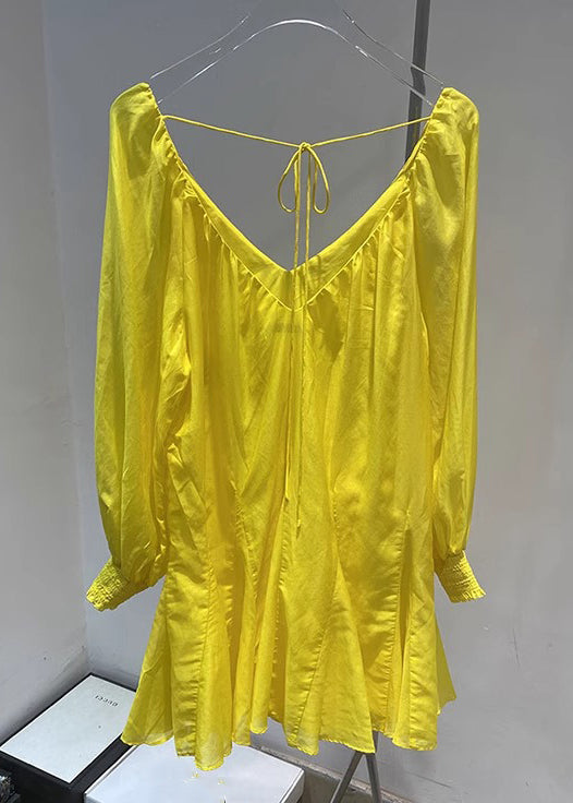 Cotton Dress New Lace Neck V Spring Yellow Solid Up Mini