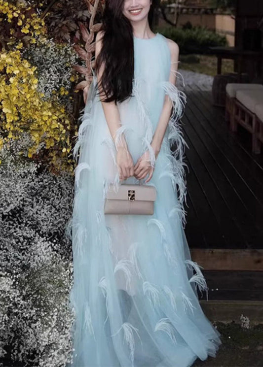 Chiffon Patchwork Novelty Dresses Robe Sleeveless Feather Blue