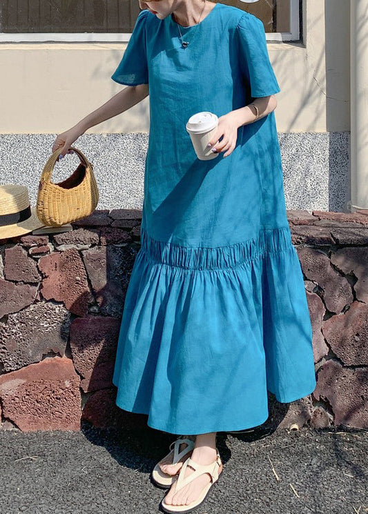 Patchwork Solid Hollow Ruffled Long Out Blue Novelty Dress Summer