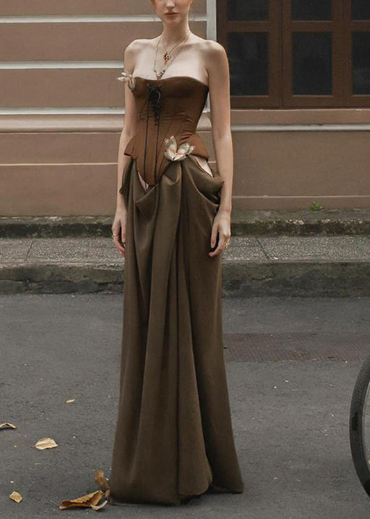 Maxi Brown Cold Shoulder Patchwork Dresses Novelty Vacation