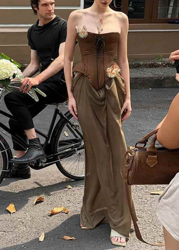 Maxi Brown Cold Shoulder Patchwork Dresses Novelty Vacation