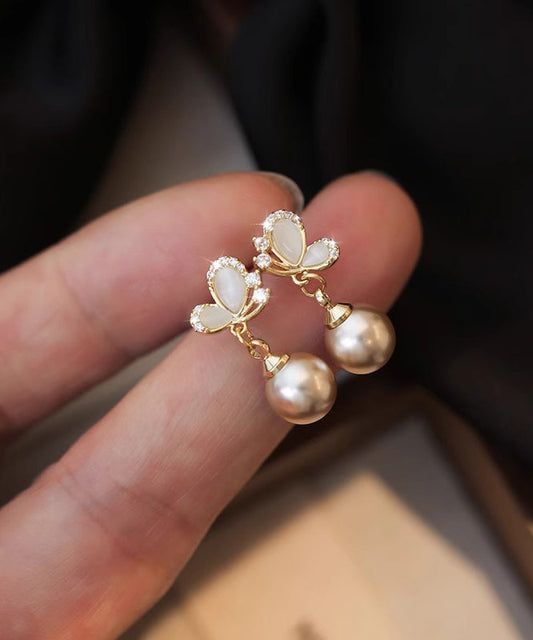 Pearl Drop Novelty Copper Zircon Butterfly Earrings Champagne