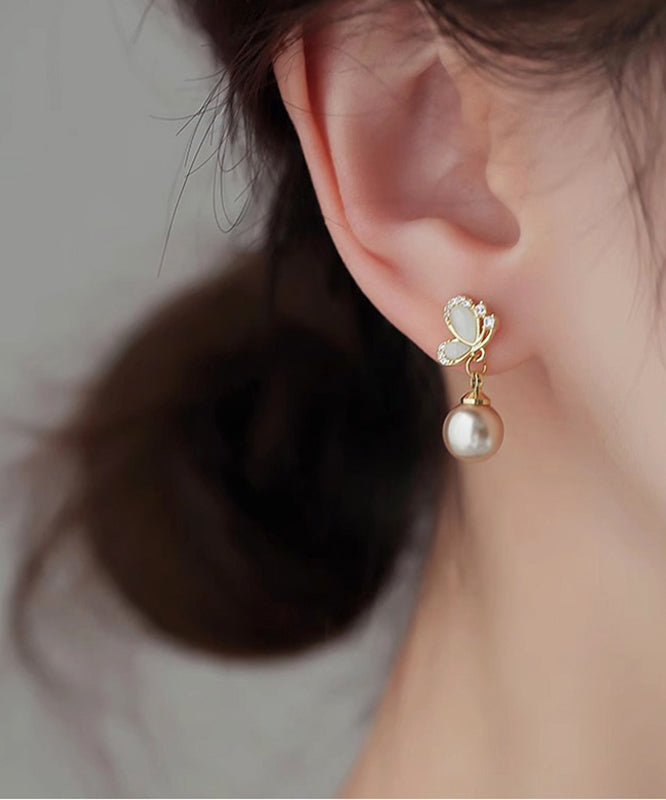 Pearl Drop Novelty Copper Zircon Butterfly Earrings Champagne