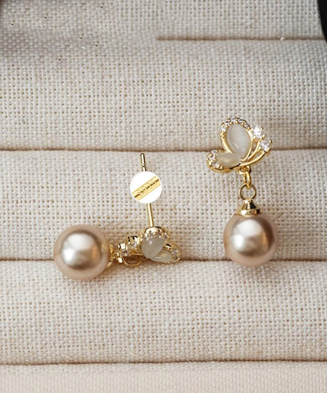 Pearl Drop Novelty Copper Zircon Butterfly Earrings Champagne