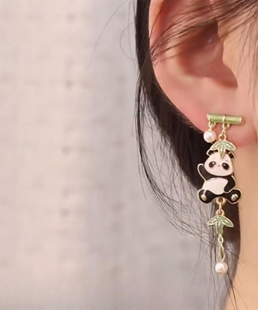 Novelty Colorblock Metal Alloy Zircon Pearl Panda Bamboo Joint Tassel Drop Earrings KX1050