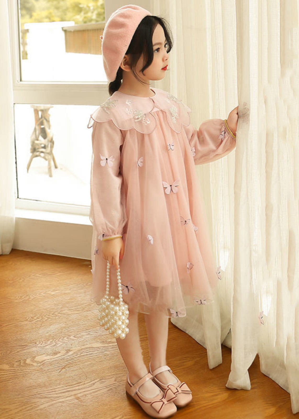 Novelty Grey Butterfly Embroideried Tulle Girls Long Dress Long Sleeve SS1064