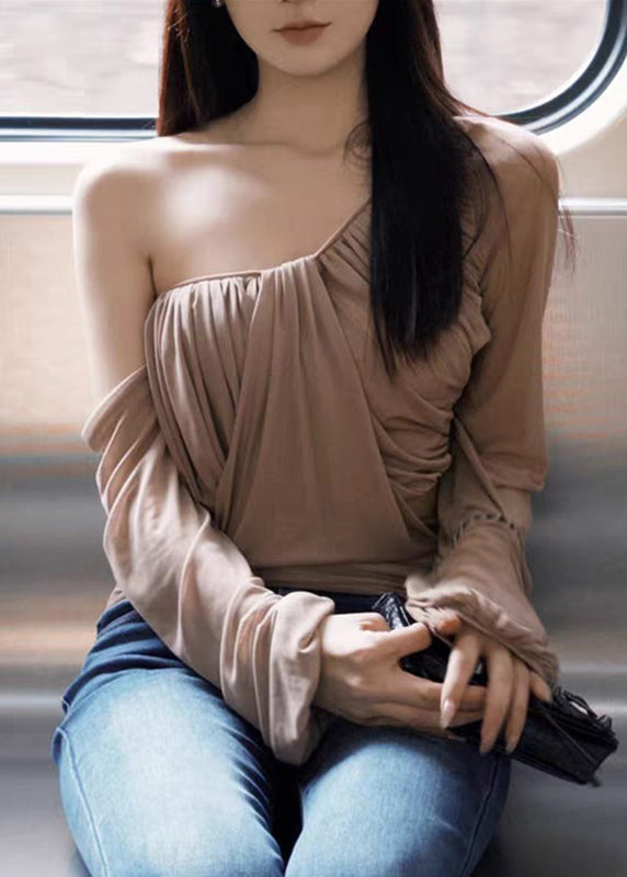 Lantern One Khaki Tulle Wrinkled Novelty Tops Shoulder Sleeve