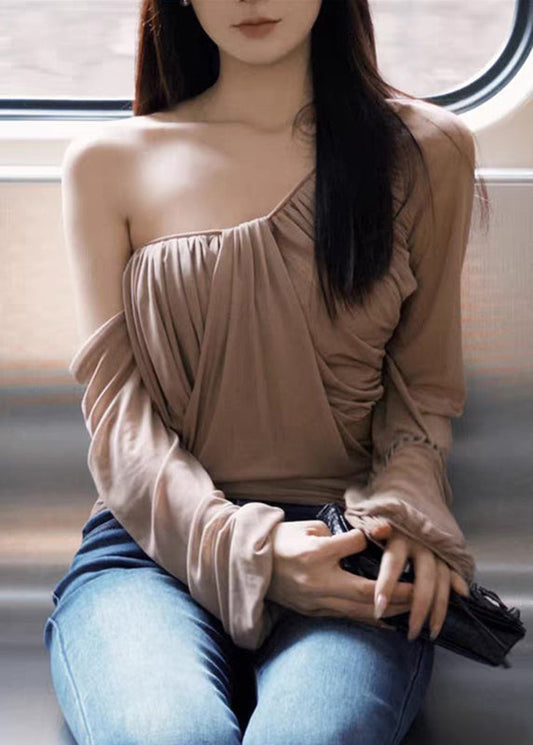 Lantern One Khaki Tulle Wrinkled Novelty Tops Shoulder Sleeve