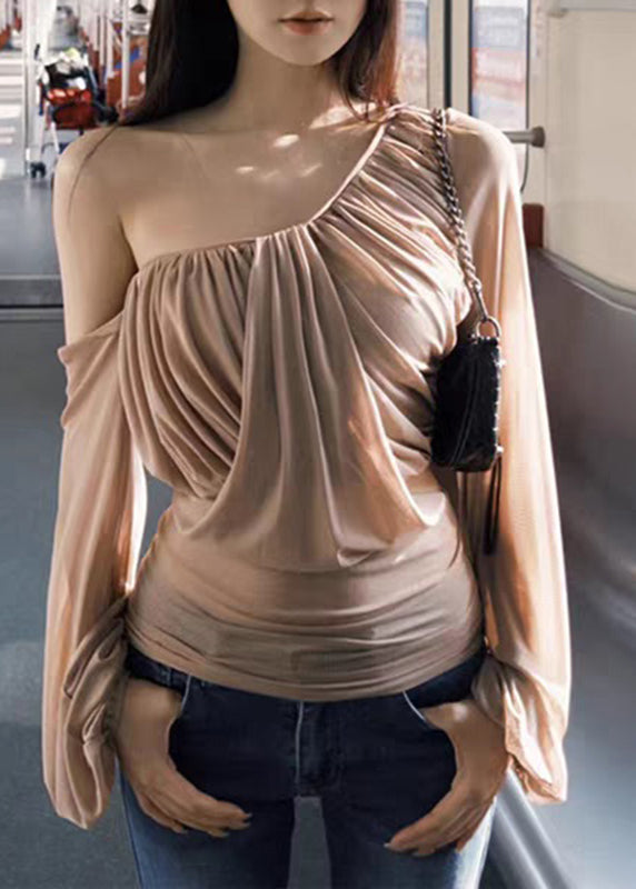 Lantern One Khaki Tulle Wrinkled Novelty Tops Shoulder Sleeve