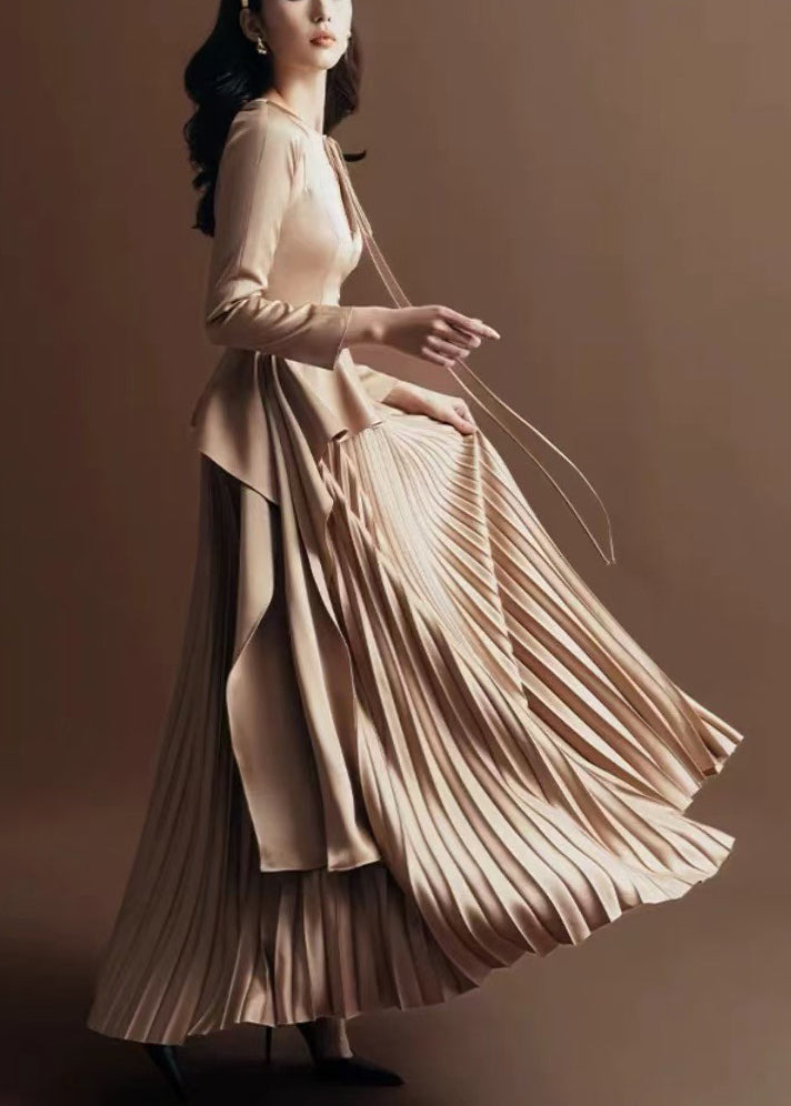 Up Lace Novelty Fall Dress Wrinkled Silk Long Khaki