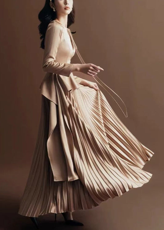 Up Lace Novelty Fall Dress Wrinkled Silk Long Khaki