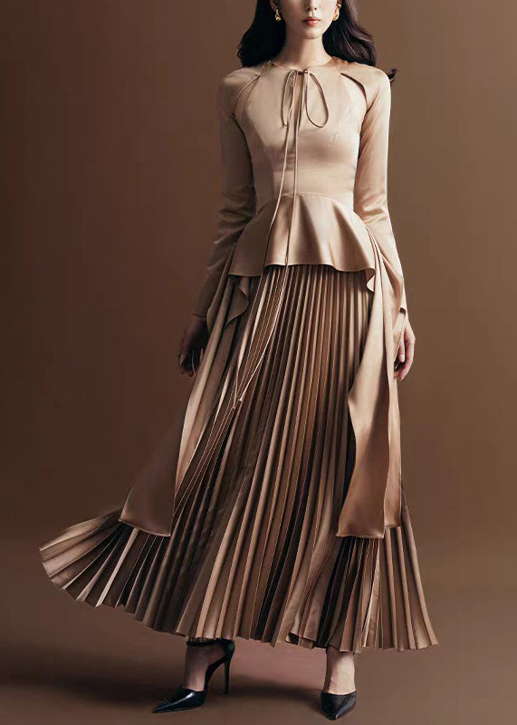 Up Lace Novelty Fall Dress Wrinkled Silk Long Khaki