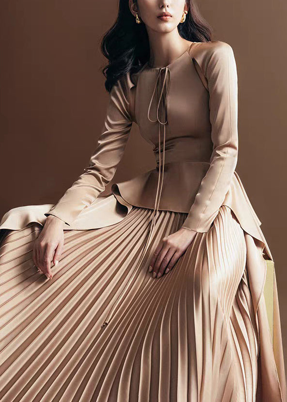 Up Lace Novelty Fall Dress Wrinkled Silk Long Khaki