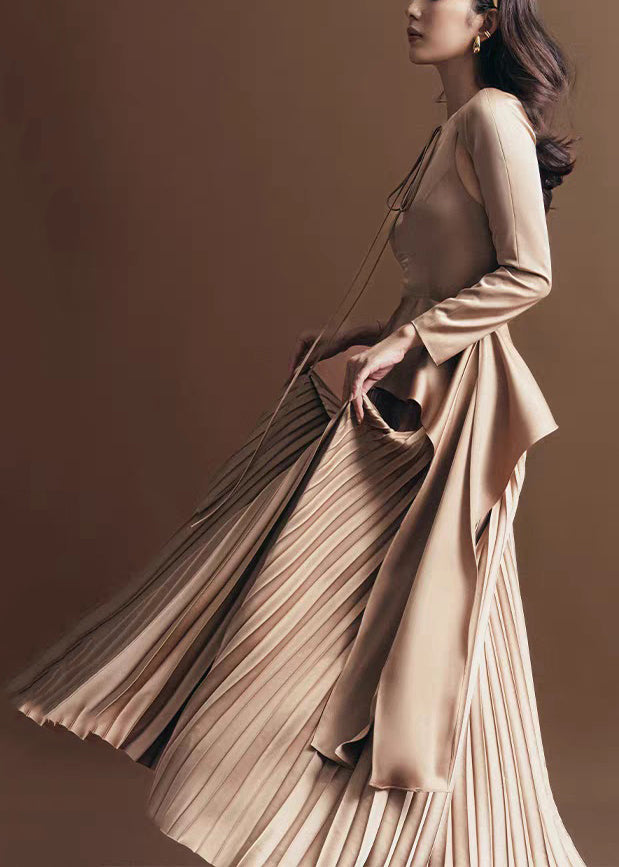 Up Lace Novelty Fall Dress Wrinkled Silk Long Khaki