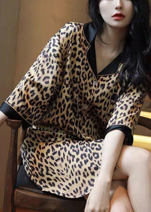 Novelty Leopard Peter Pan Collar Button Pajamas Shirts Dress Half Sleeve YK011